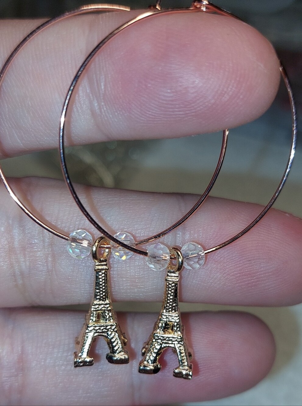 1 Inch Gold Eiffel Tower Hoop Earrings with Clear Beads - Women Jewelry